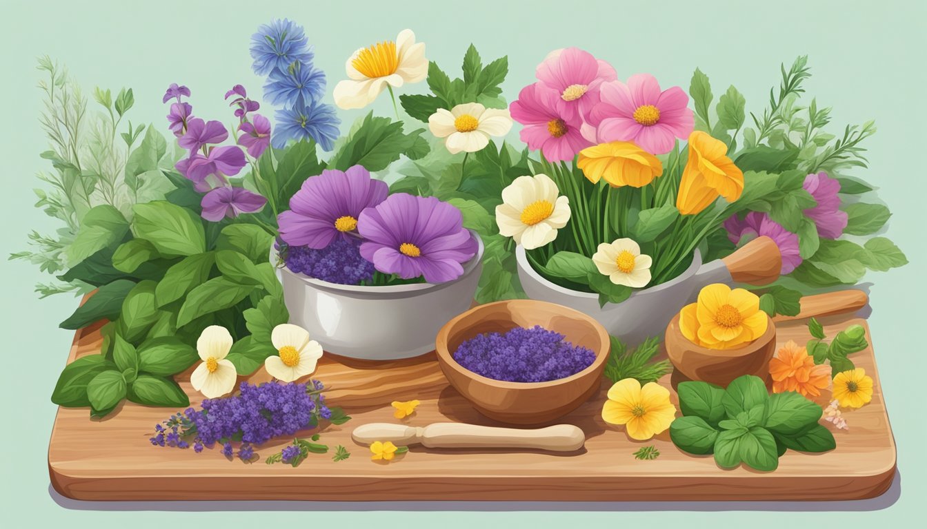 A colorful array of edible flowers arranged on a wooden cutting board, surrounded by fresh herbs and a mortar and pestle