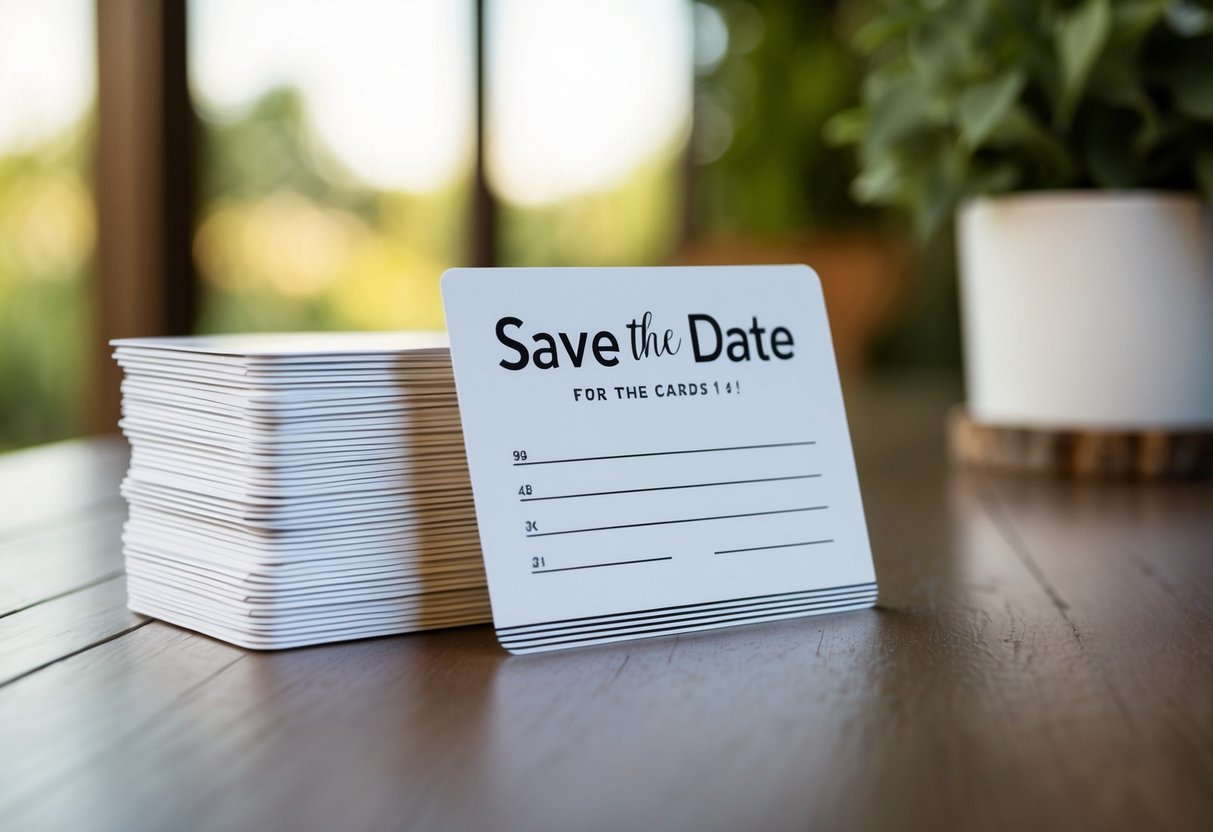 A stack of save the date cards with blank address lines