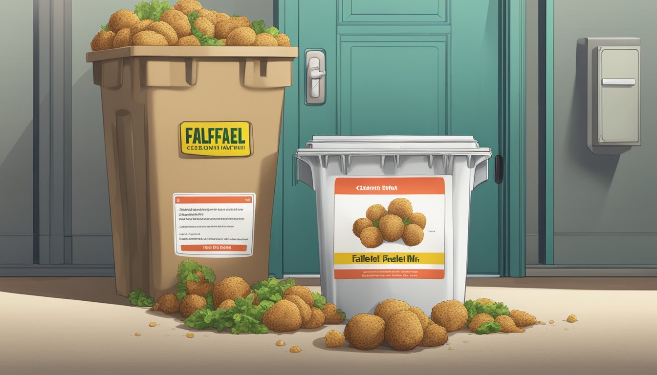 A bag of expired falafel mix next to a trash bin with a caution sign