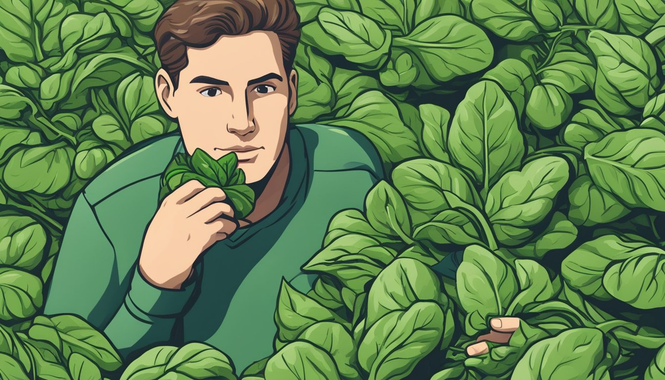 A person holding an unripe spinach leaf, looking uncertain. A pile of unripe spinach beside them