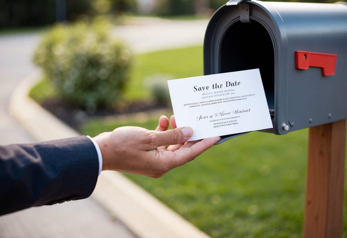 A hand placing a Save the Date card into a mailbox