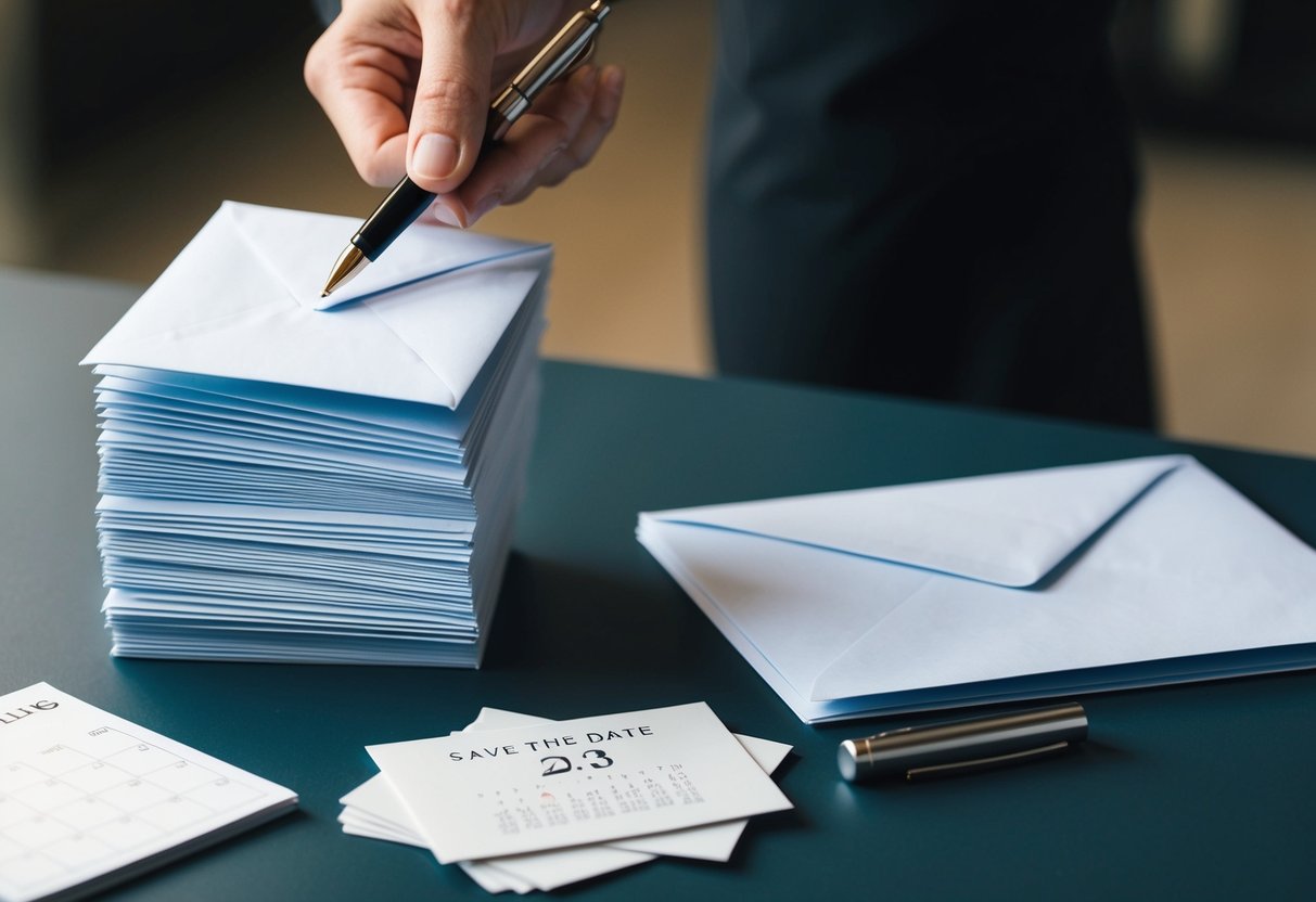 A hand holding a stack of envelopes with a pen hovering over one. A calendar and save the date cards are scattered on the table