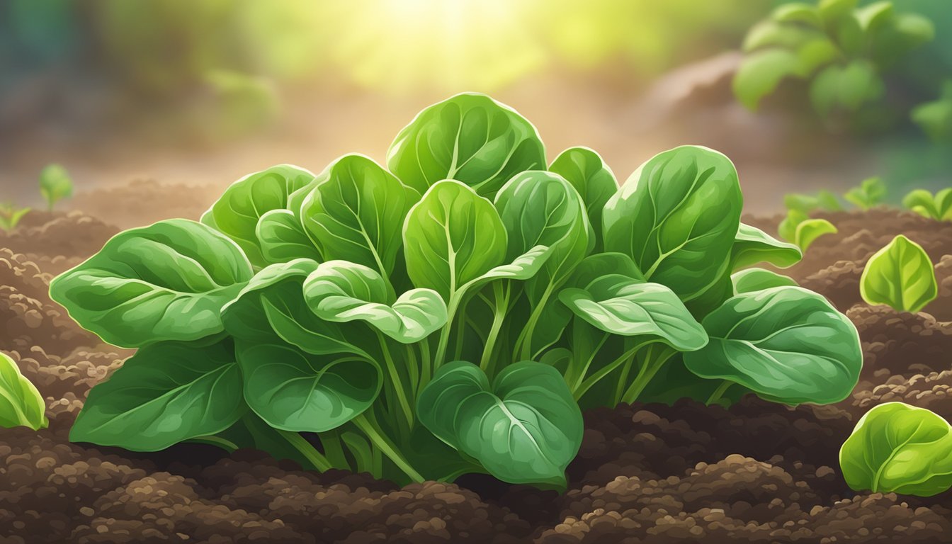 A vibrant green spinach plant with unripe leaves, surrounded by rich soil and receiving sunlight