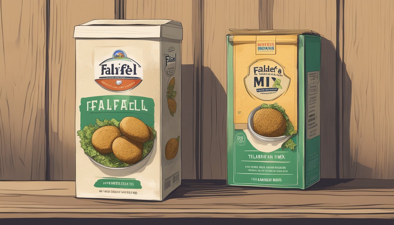 A dusty, neglected pantry shelf holds a forgotten box of expired falafel mix, its packaging faded and worn