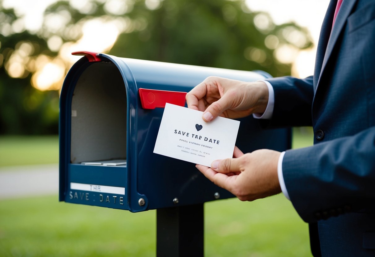 A hand placing a Save the Date card into a mailbox