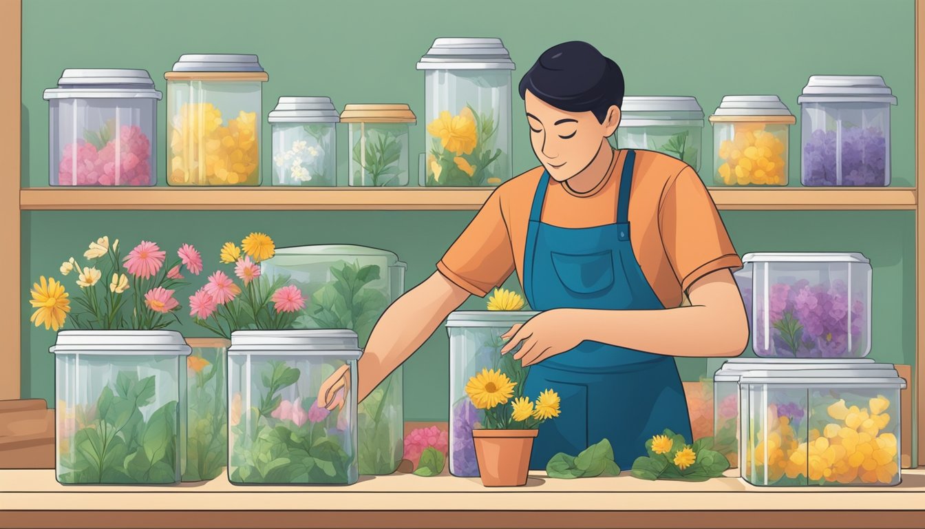 A person picking fresh flowers and placing them in a clean, airtight container for safe storage