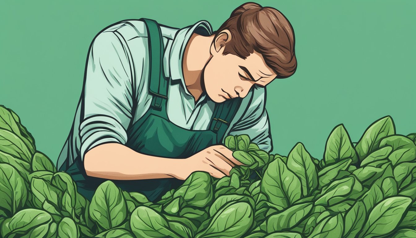 A person examining a bunch of unripe spinach leaves, with a concerned expression on their face