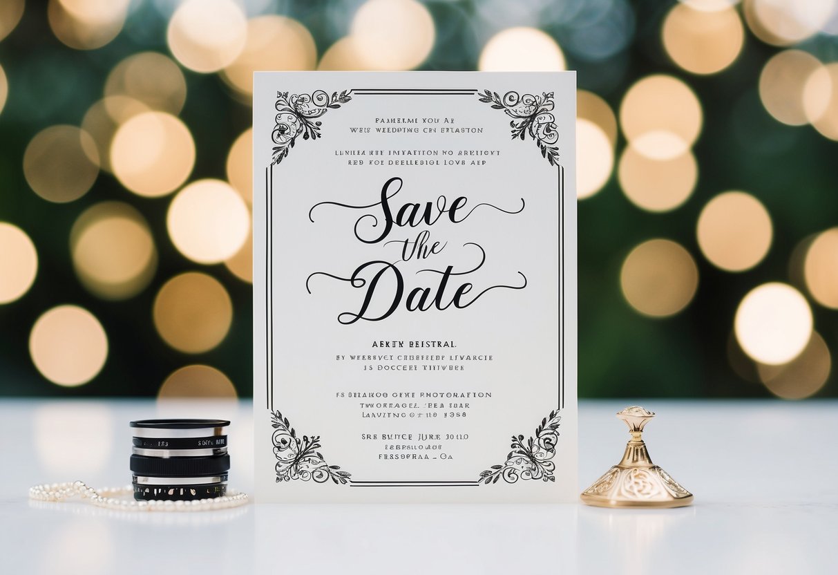 A wedding invitation with elegant design and "Save the Date" written in calligraphy