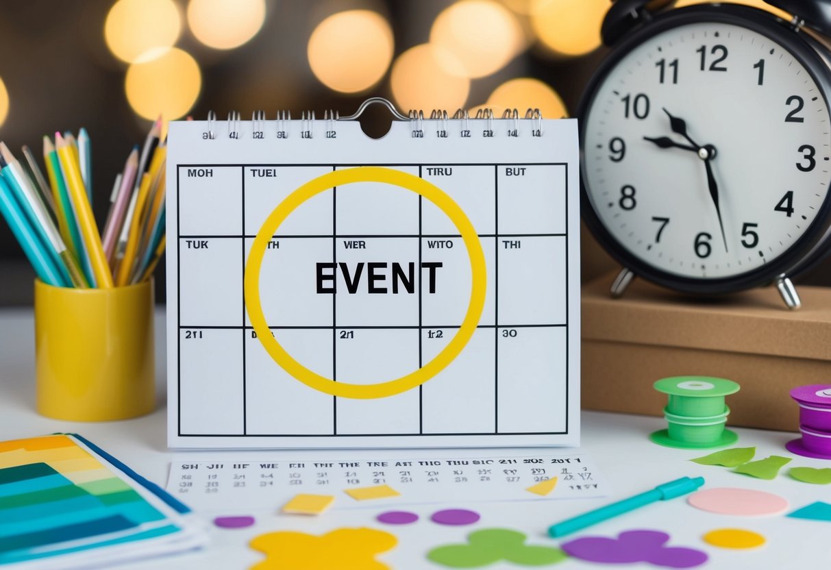 A calendar with the date of the event circled, surrounded by crafting supplies and a clock showing three weeks until the RSVP deadline