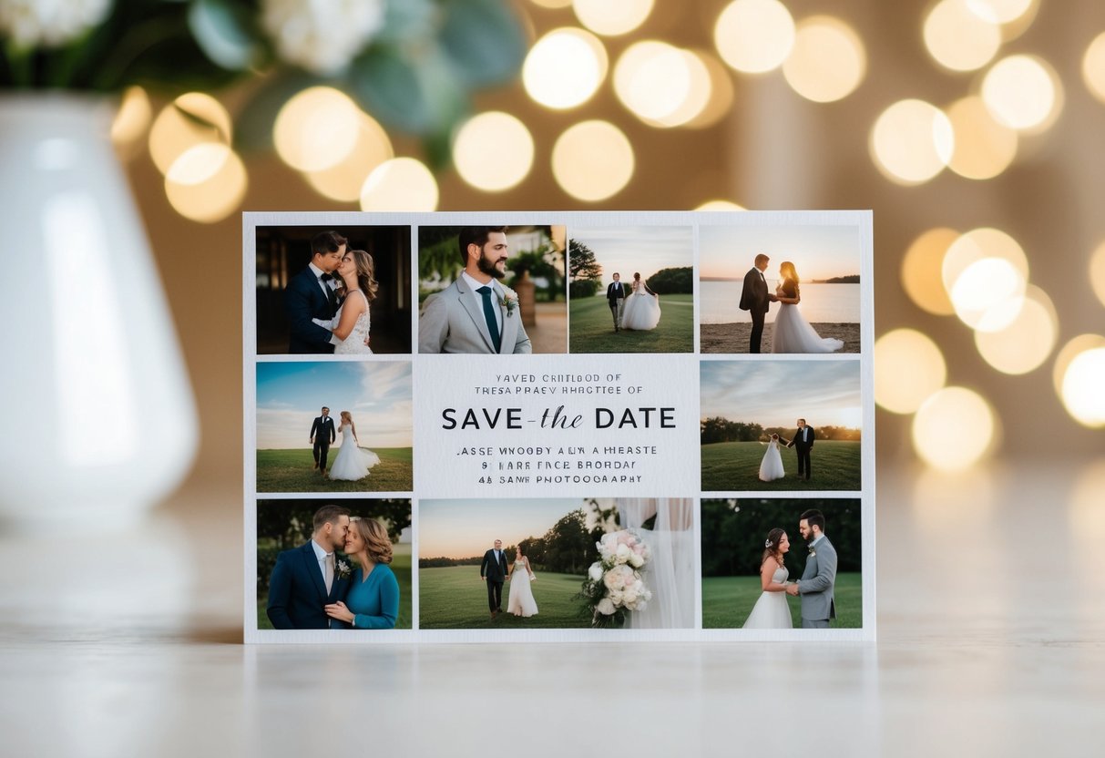 A save-the-date card with elegant design and wedding-related imagery