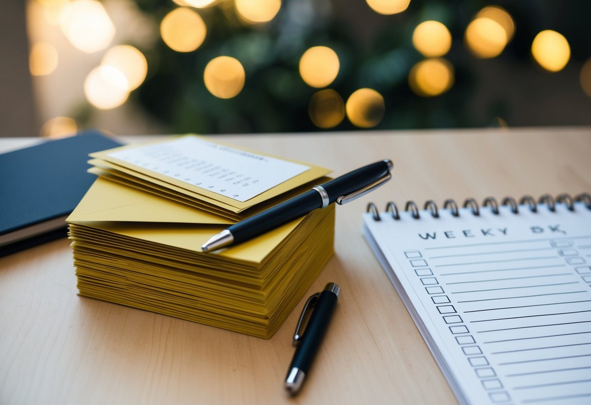 A stack of invitation cards with a calendar marked three weeks ahead, a pen, and a list of names with checkboxes