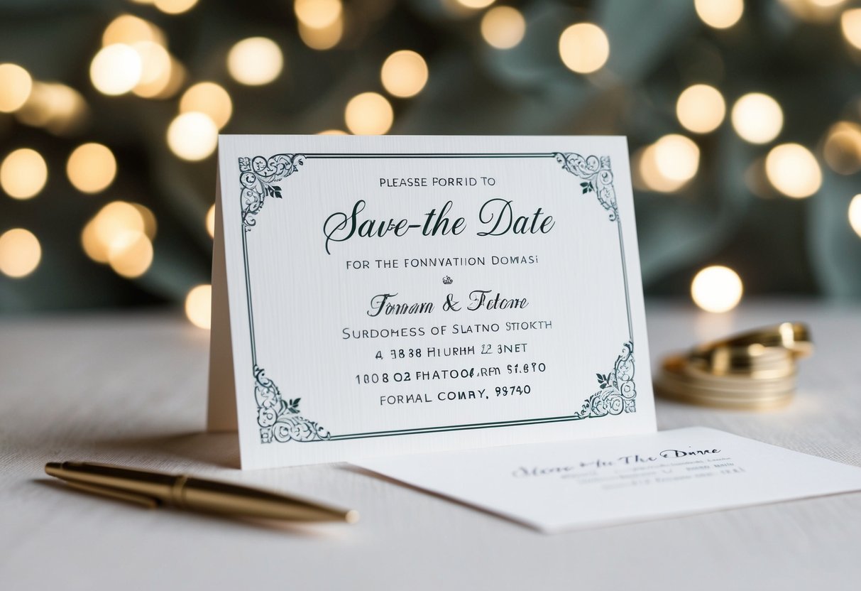 A save-the-date card with elegant design and formal address format