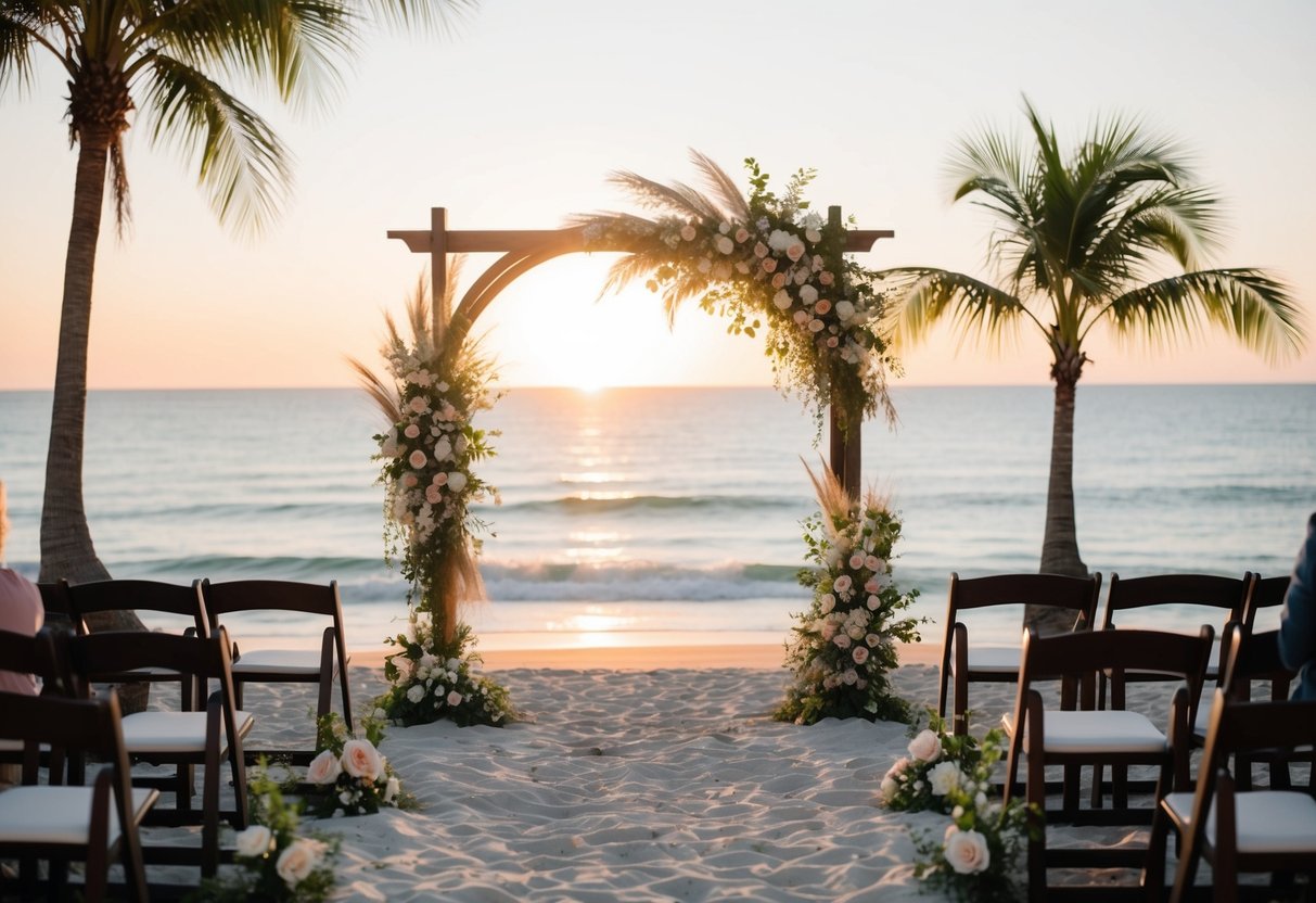 A tranquil beach setting with a picturesque wedding arch adorned with flowers and surrounded by palm trees. A gentle breeze blows through the scene as the sun sets over the ocean