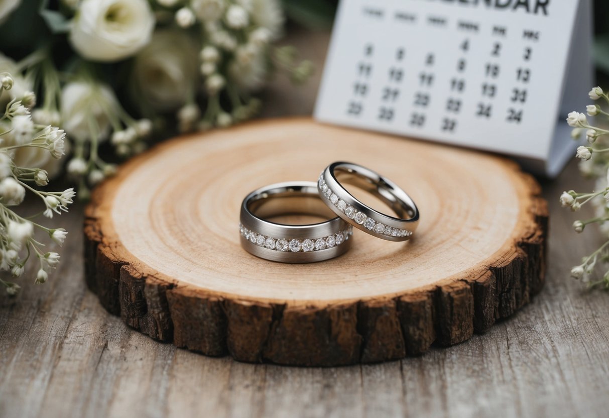 A pair of elegant wedding rings resting on a rustic wooden surface, surrounded by delicate floral arrangements and a calendar displaying the chosen date