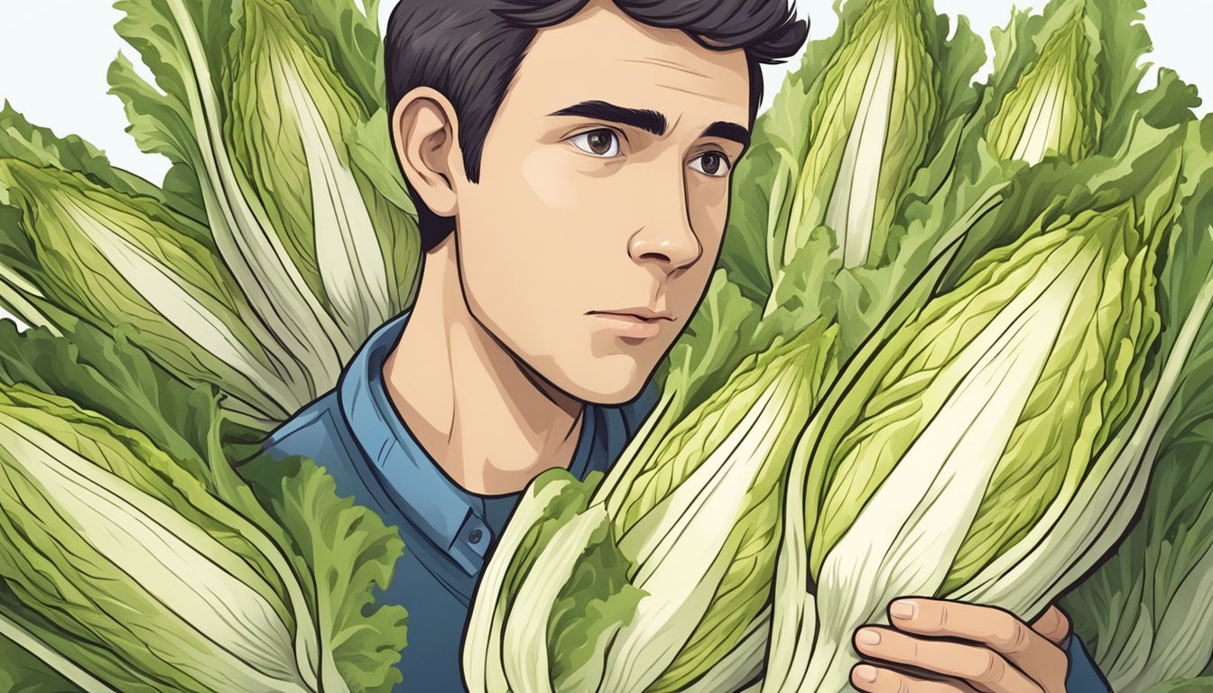 A person holding a head of endive, examining its color and texture for ripeness, with a concerned expression on their face