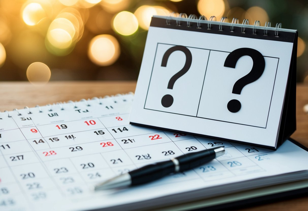 A calendar with a circled date, a fancy invitation, and a question mark
