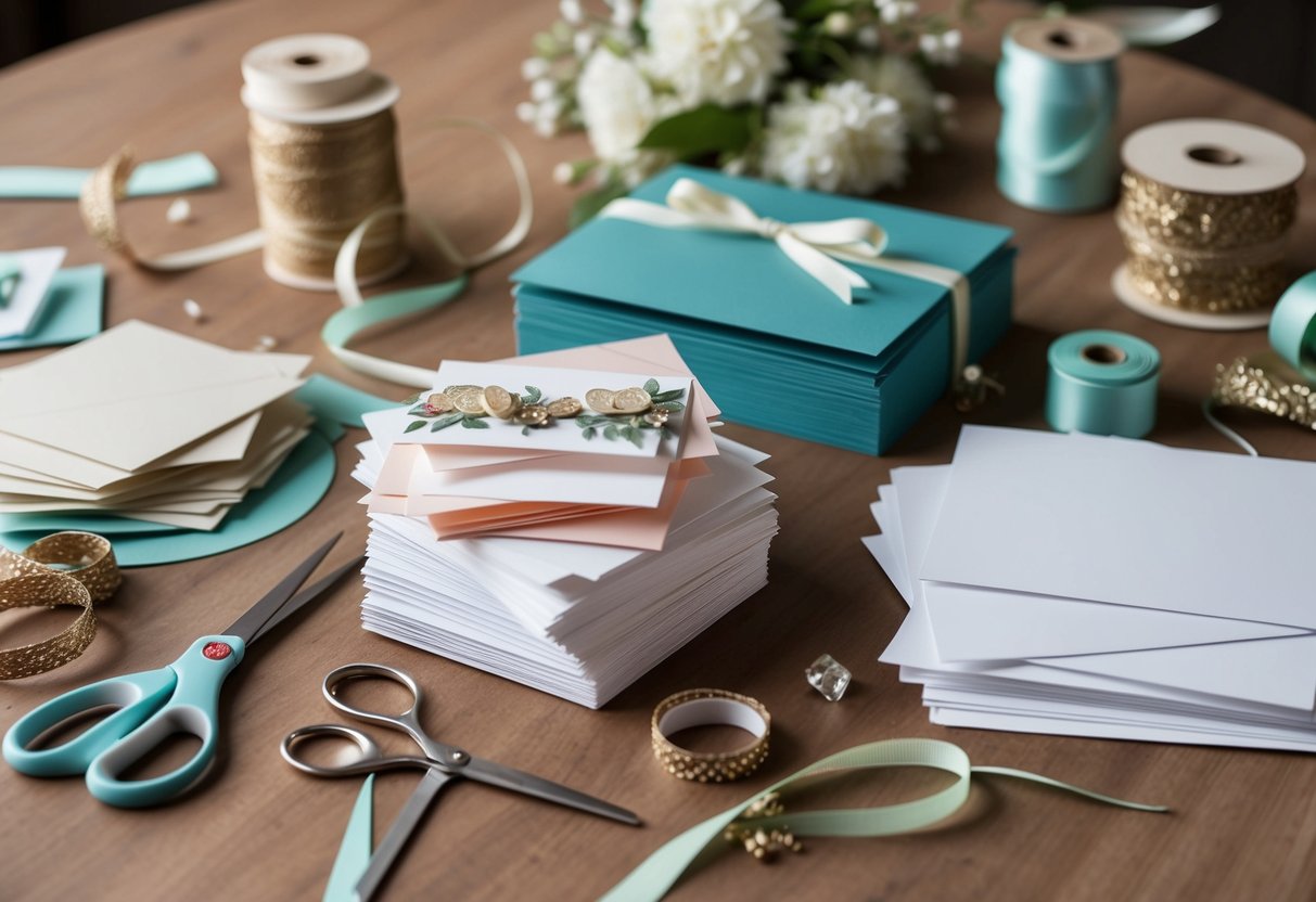 A table scattered with craft supplies, scissors, ribbon, and decorative paper. A stack of finished wedding invitations next to a pile of blank cards