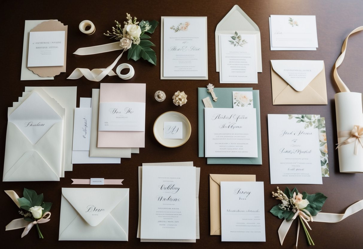 A table with various wedding invitation materials, including paper, envelopes, ribbons, and decorative elements, arranged for comparison