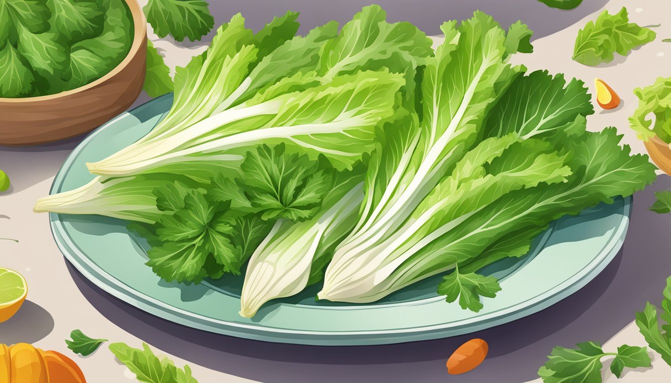 A plate of fresh endive leaves, with a vibrant green color and crisp texture, surrounded by other colorful vegetables