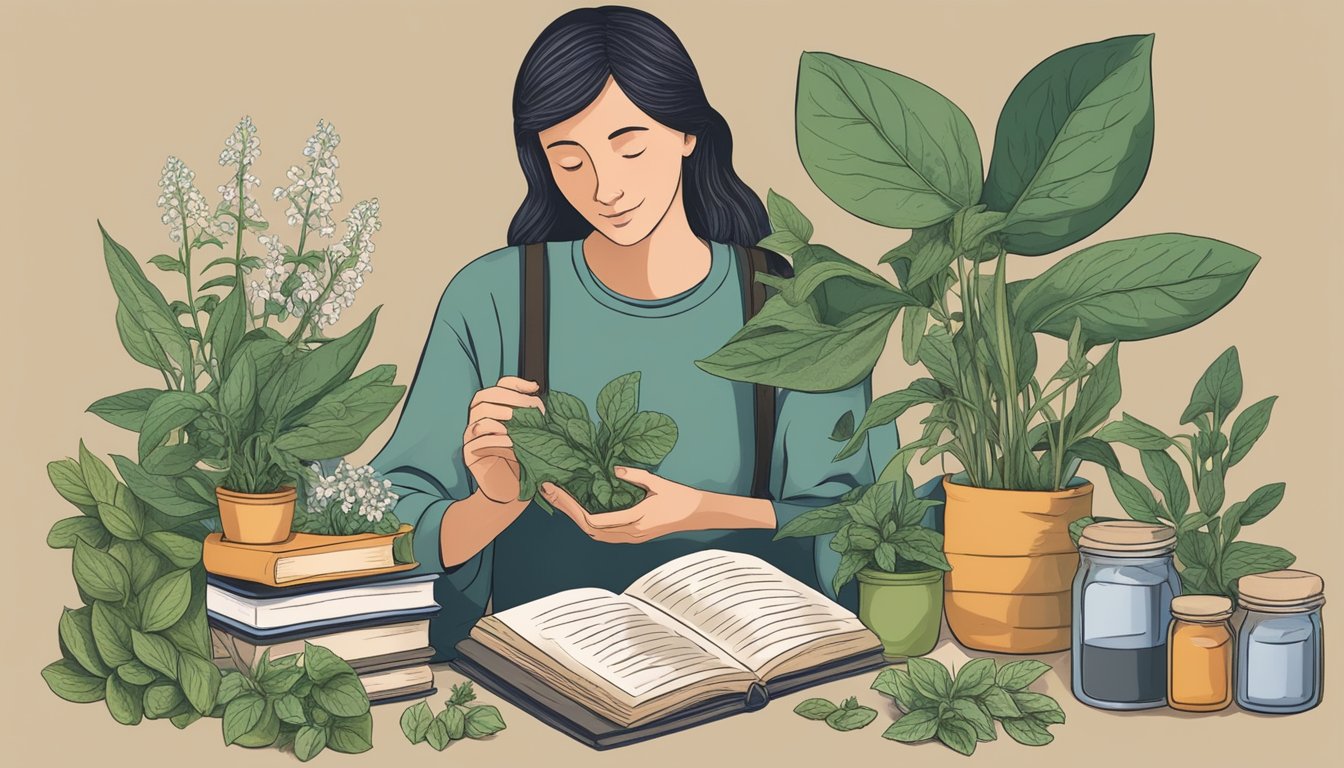 A person holding a comfrey plant, with leaves and flowers, surrounded by herbal remedy books and jars of salves and tinctures