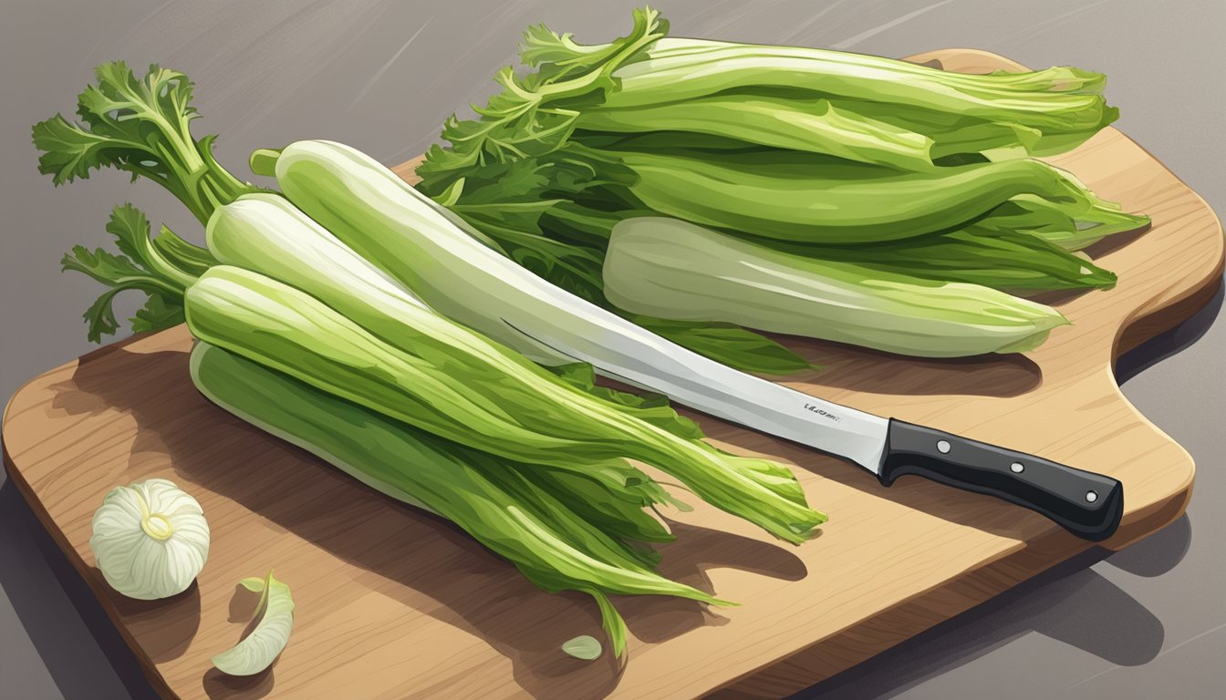 A bunch of unripe endive sitting on a cutting board, with a knife next to it and a questioning expression on a person's face