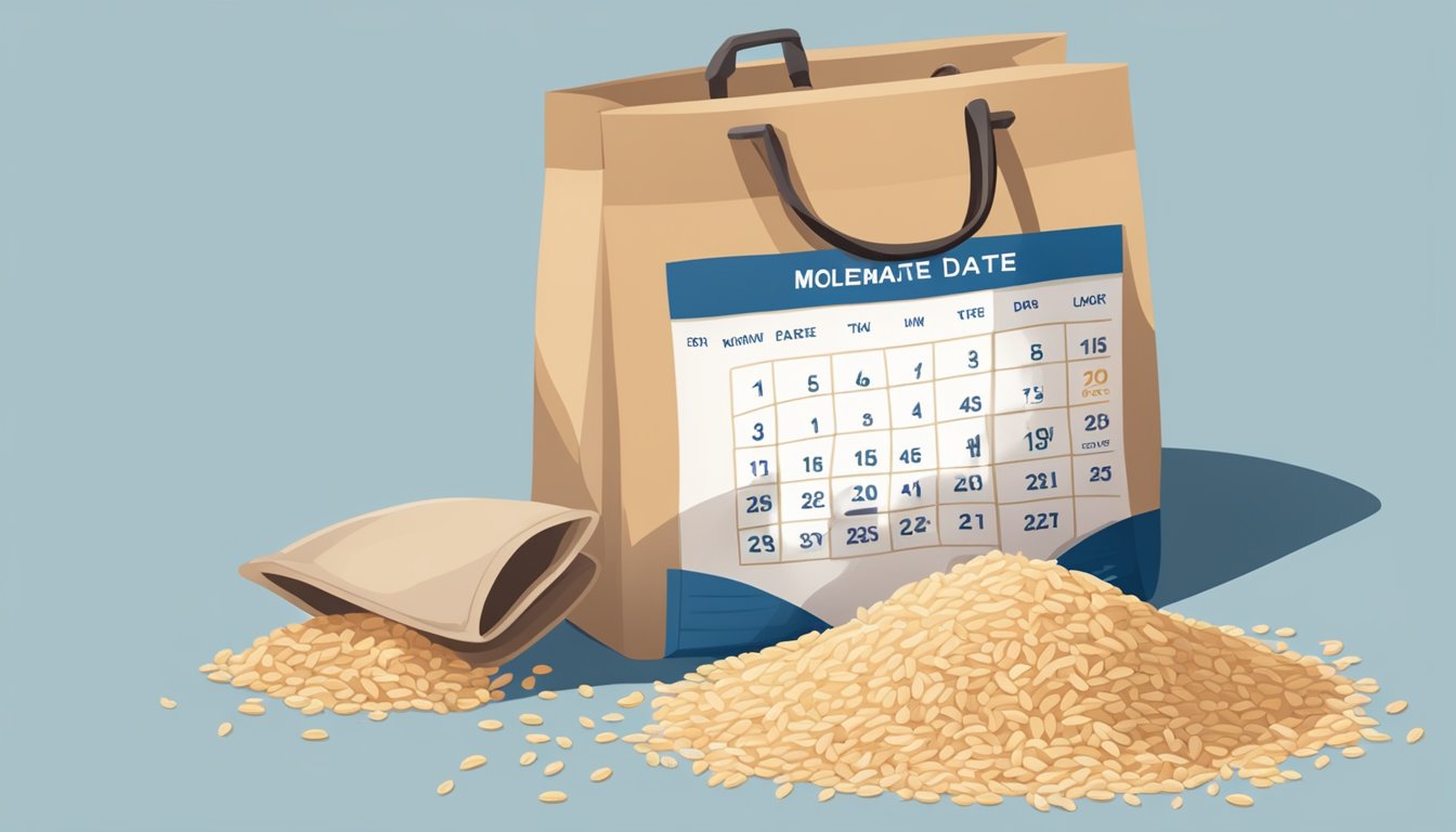 A pile of moldy, clumped brown rice in an open bag next to a calendar showing an expired date