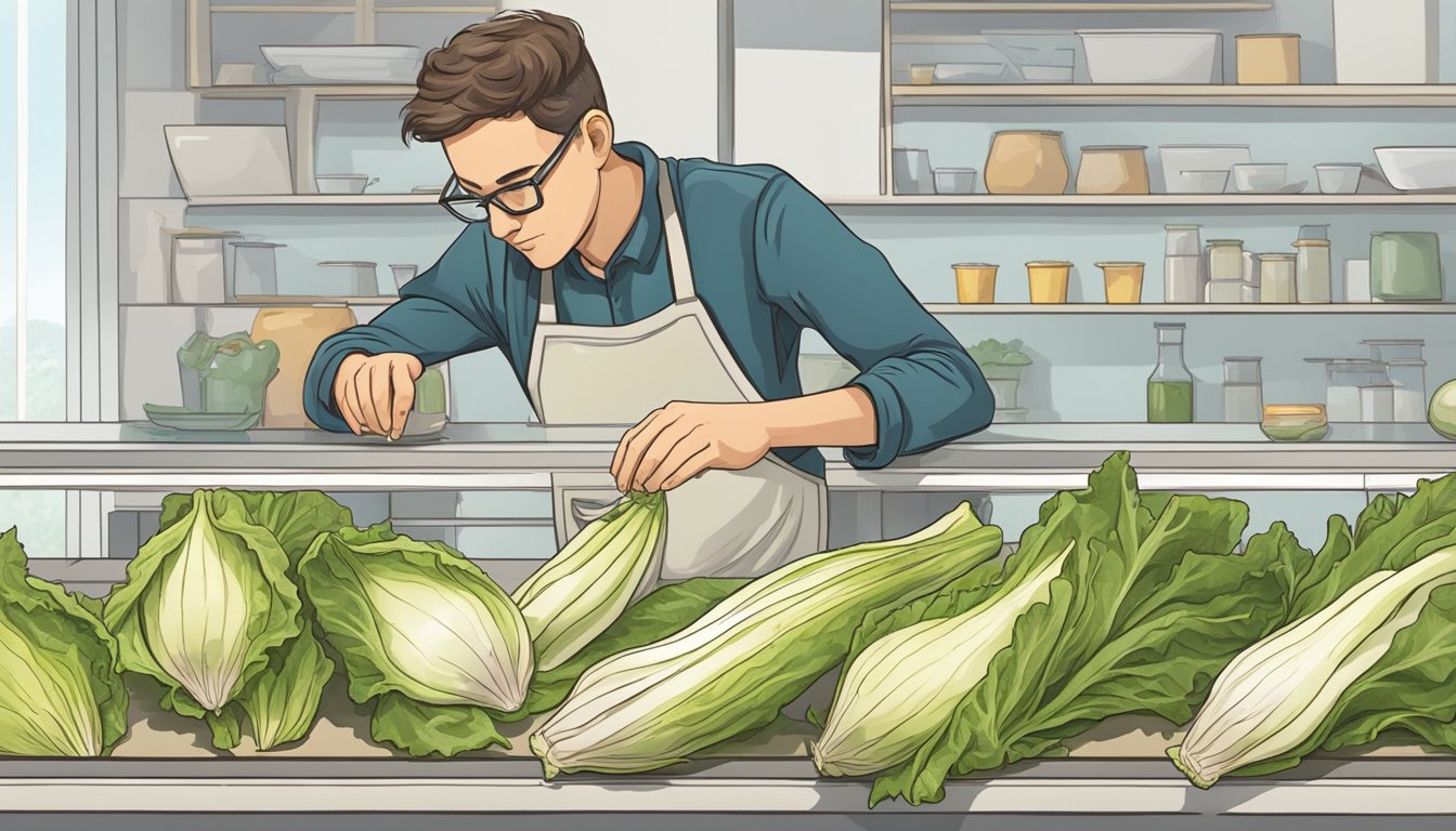 A person carefully inspecting a head of endive, looking for signs of ripeness before consuming it