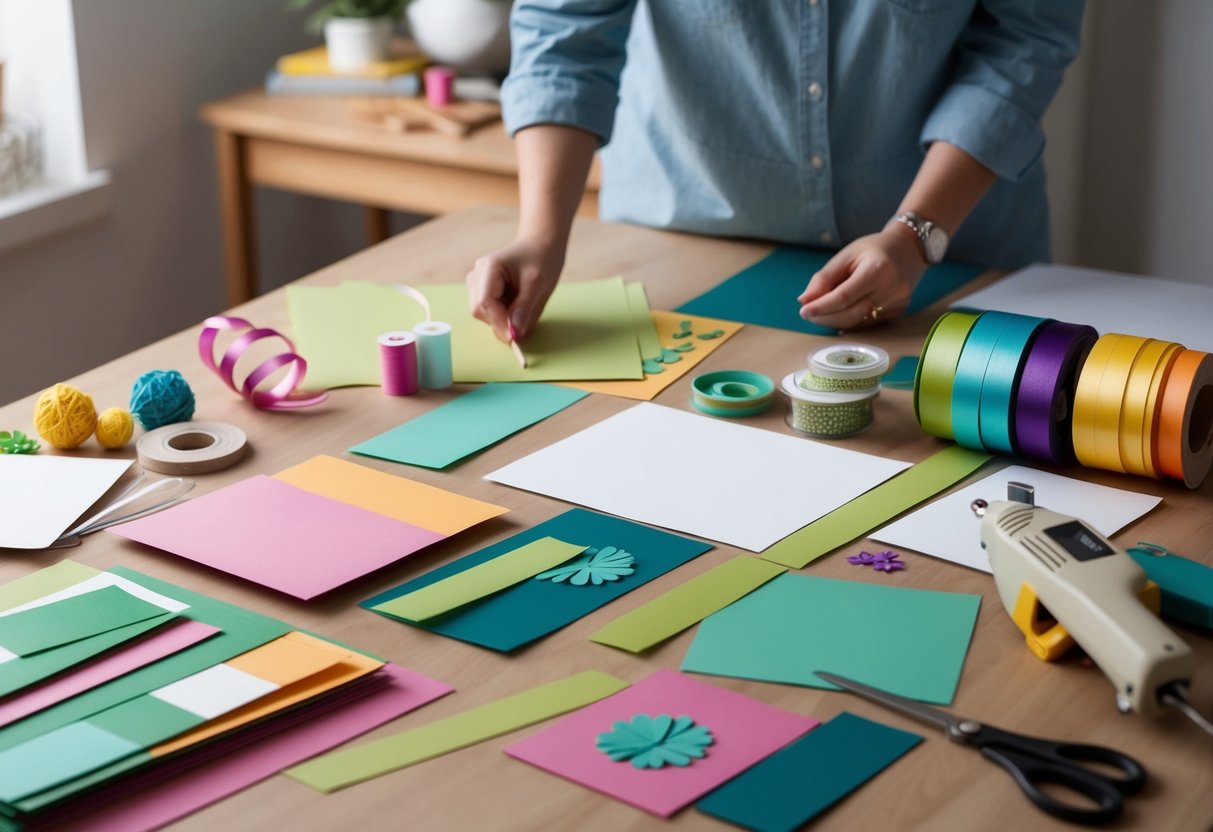 A table with various crafting materials spread out, including cardstock, ribbons, and decorative elements. A pair of scissors and a glue gun are nearby