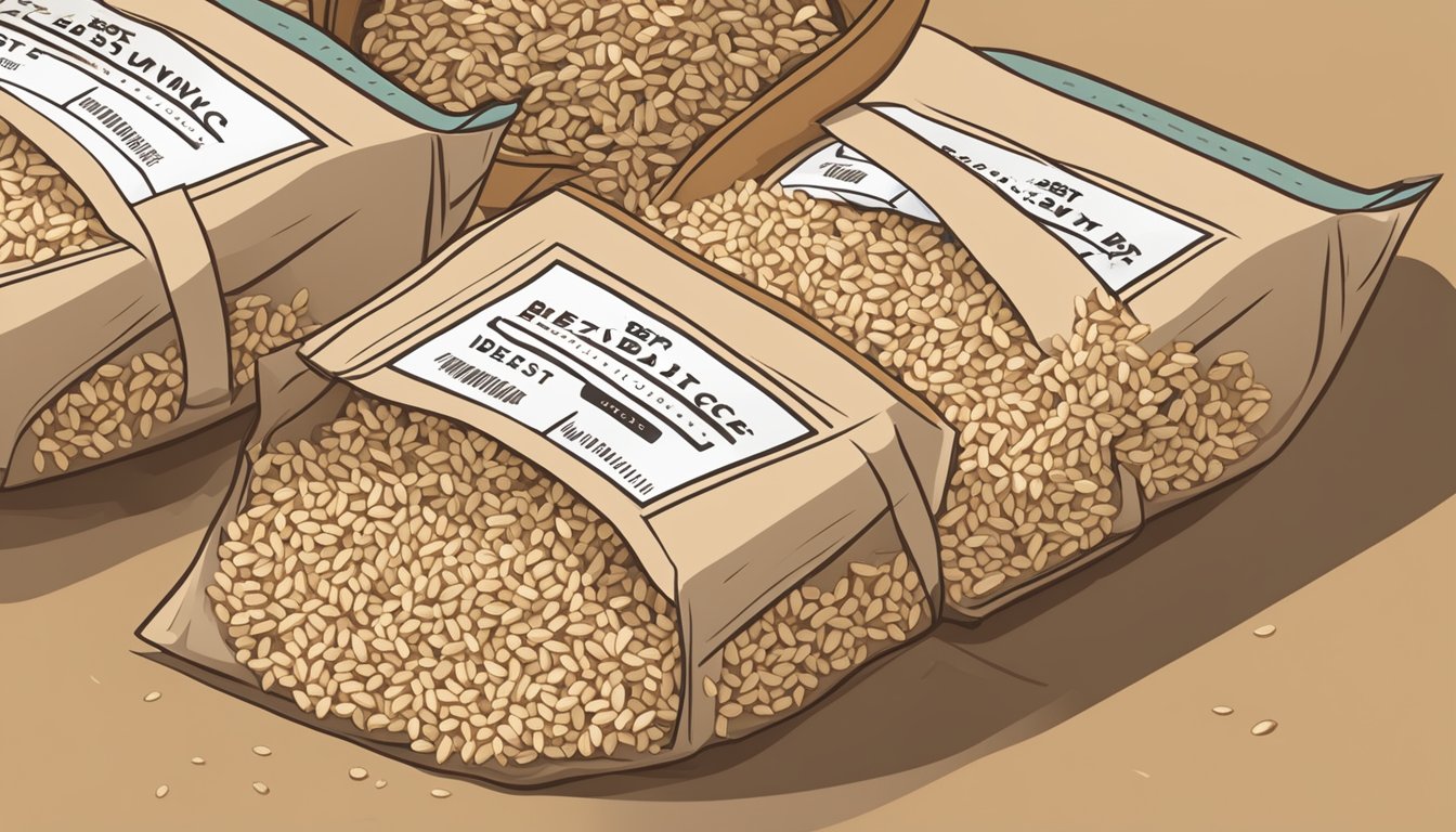 A pile of expired brown rice sits next to other varieties, with a prominent "best by" date label