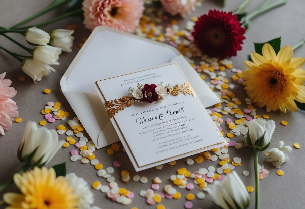 A beautifully decorated wedding invitation surrounded by flowers and confetti