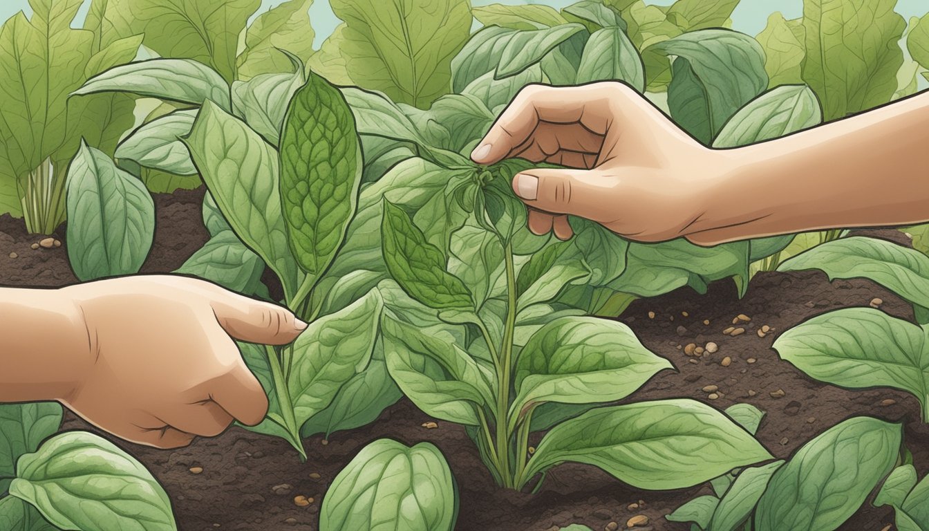 A person applying comfrey leaves to a garden bed, using them as a natural fertilizer