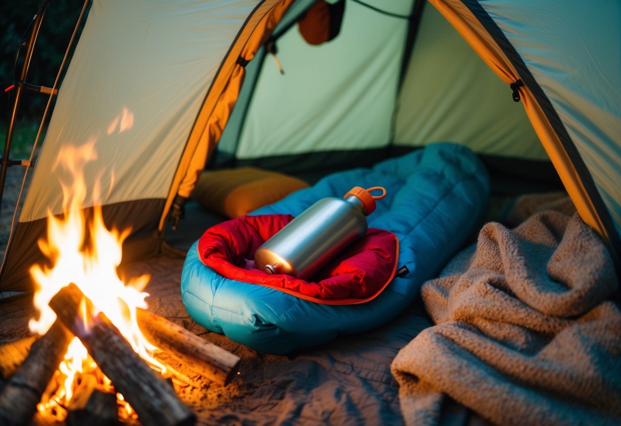 A cozy tent with a hot water bottle nestled inside a sleeping bag, surrounded by warm blankets and a crackling campfire