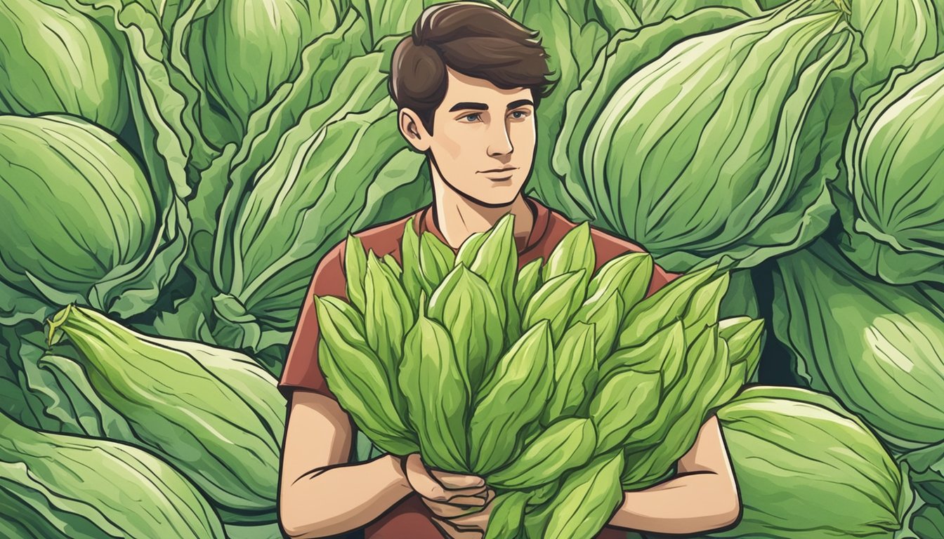 A person holding an unripe endive, looking uncertain. A pile of ripe endives in the background