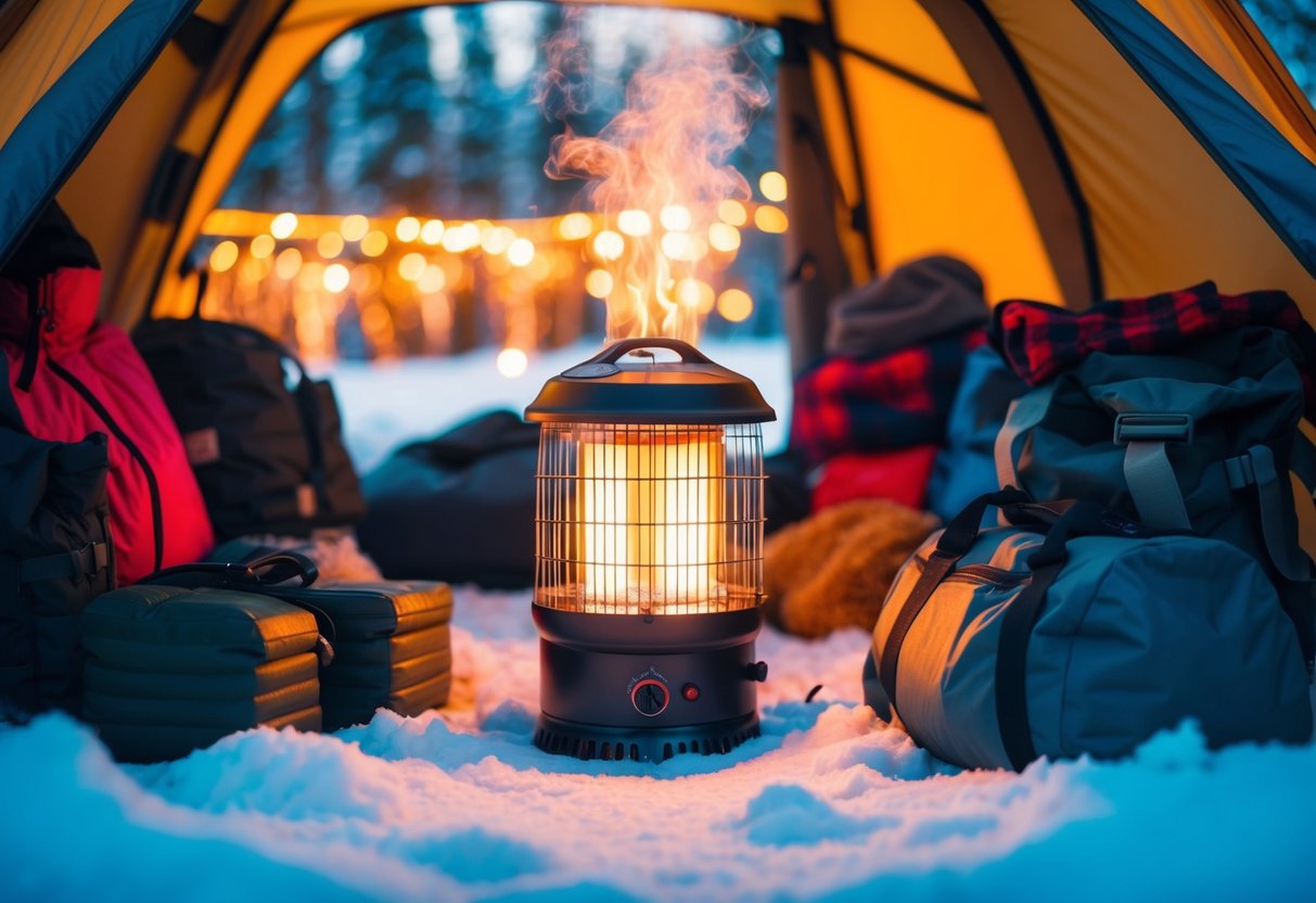 A tent heater surrounded by camping gear, emitting warm air into a cozy winter camping scene