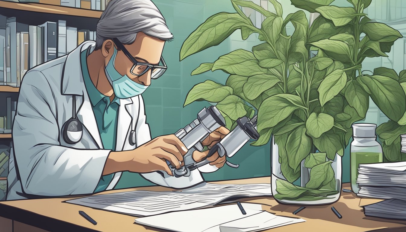 A scientist examining comfrey leaves under a microscope, surrounded by research papers and regulatory guidelines