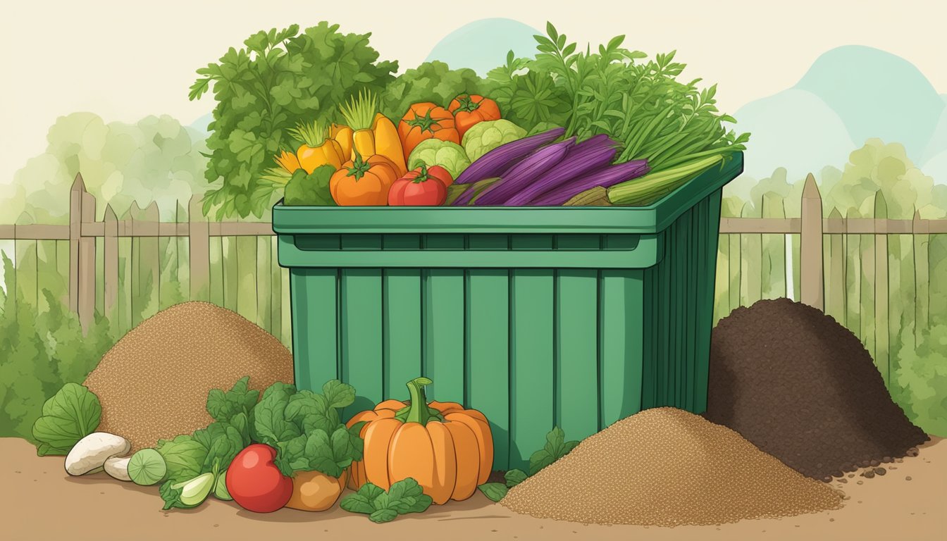 A compost bin filled with expired brown rice surrounded by flourishing plants and vegetables