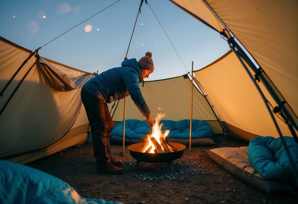 A person setting up a makeshift wind barrier around their campsite using tarps and poles, with a warm fire and cozy sleeping bags inside the shelter