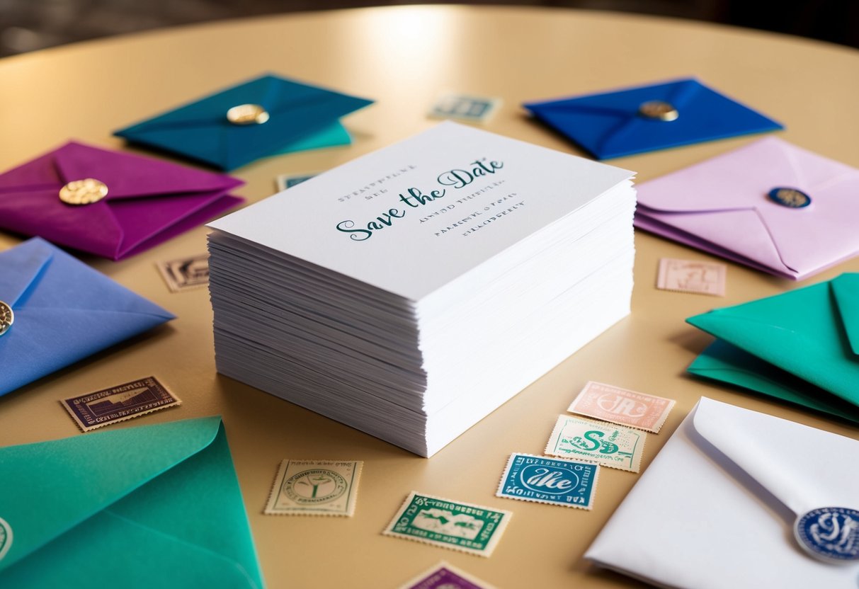 A stack of elegant save the date cards arranged neatly on a table, surrounded by a scattering of colorful envelopes and a selection of decorative stamps