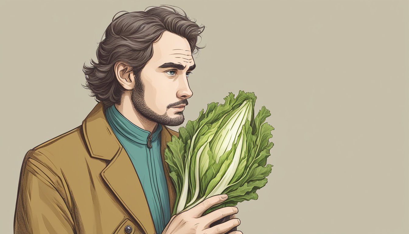 A person holding an unripe endive, looking at it with a hesitant expression