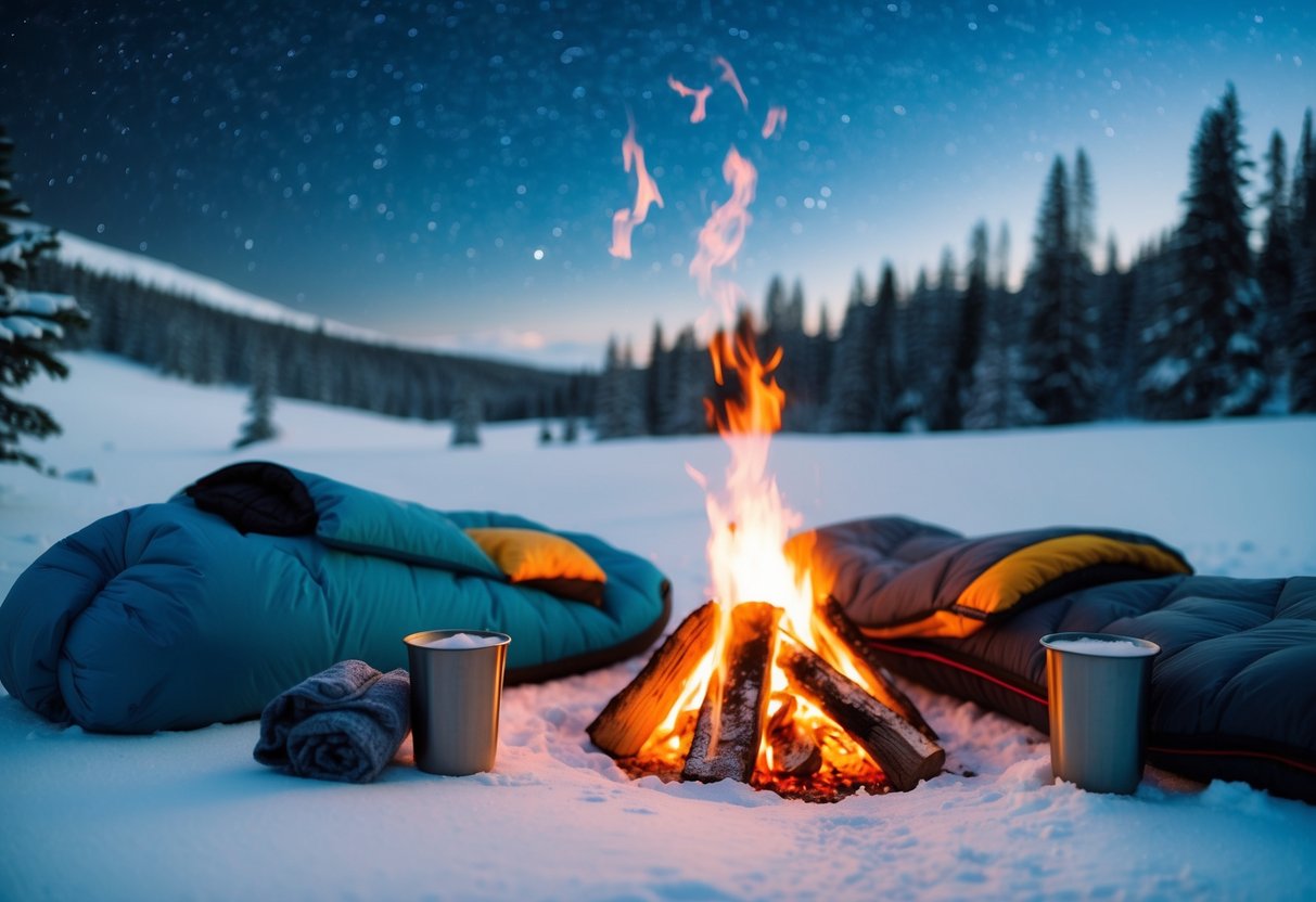 A cozy winter campsite with a crackling fire, insulated sleeping bags, hot drinks, and a snow-covered landscape under a starry sky