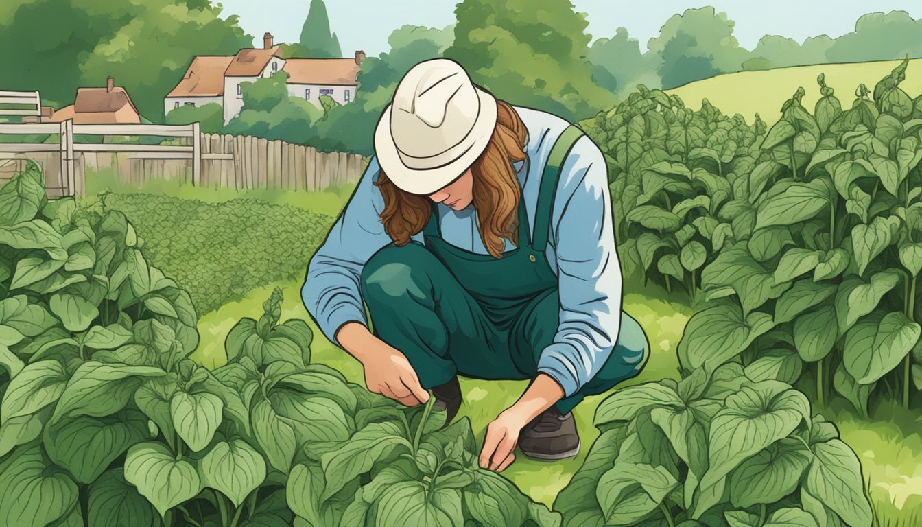 A person picking fresh comfrey leaves from a garden