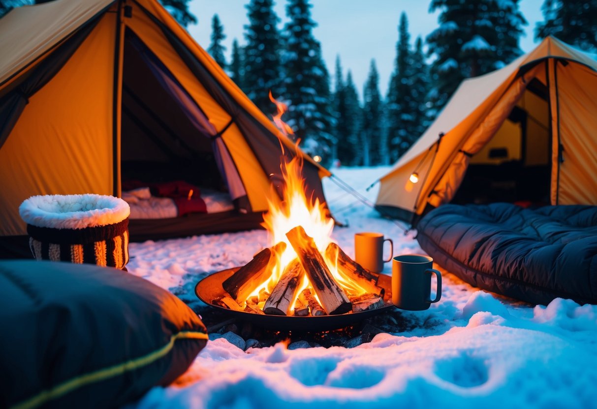 A cozy winter campsite with a roaring fire, insulated tents, warm sleeping bags, and hot drinks