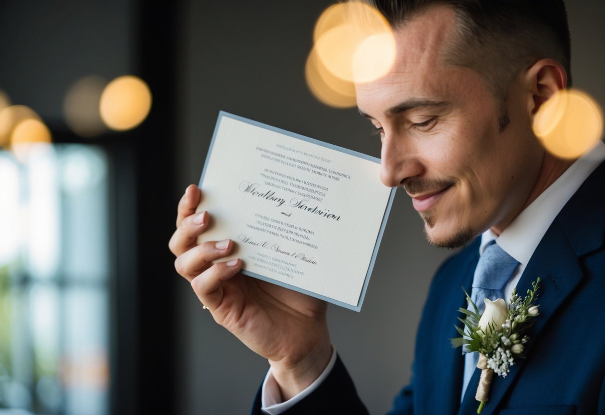 A person holding a wedding invitation and gently shaking their head with a respectful smile