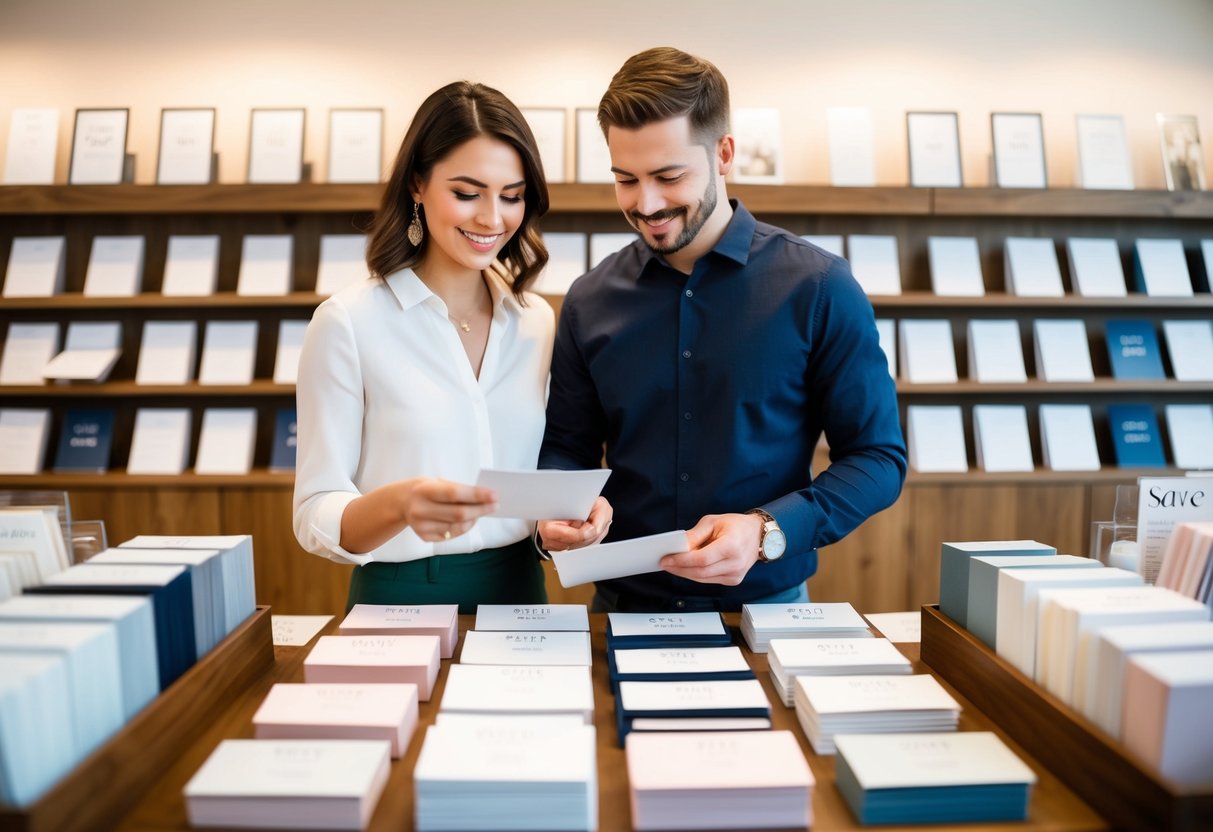 A couple browsing through various save the date card designs and pricing options at a stationery store