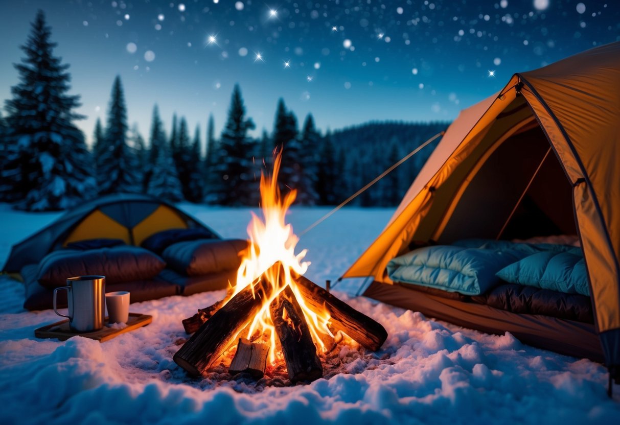 A cozy winter campsite with a crackling fire, insulated tent, warm sleeping bags, hot drinks, and twinkling stars above