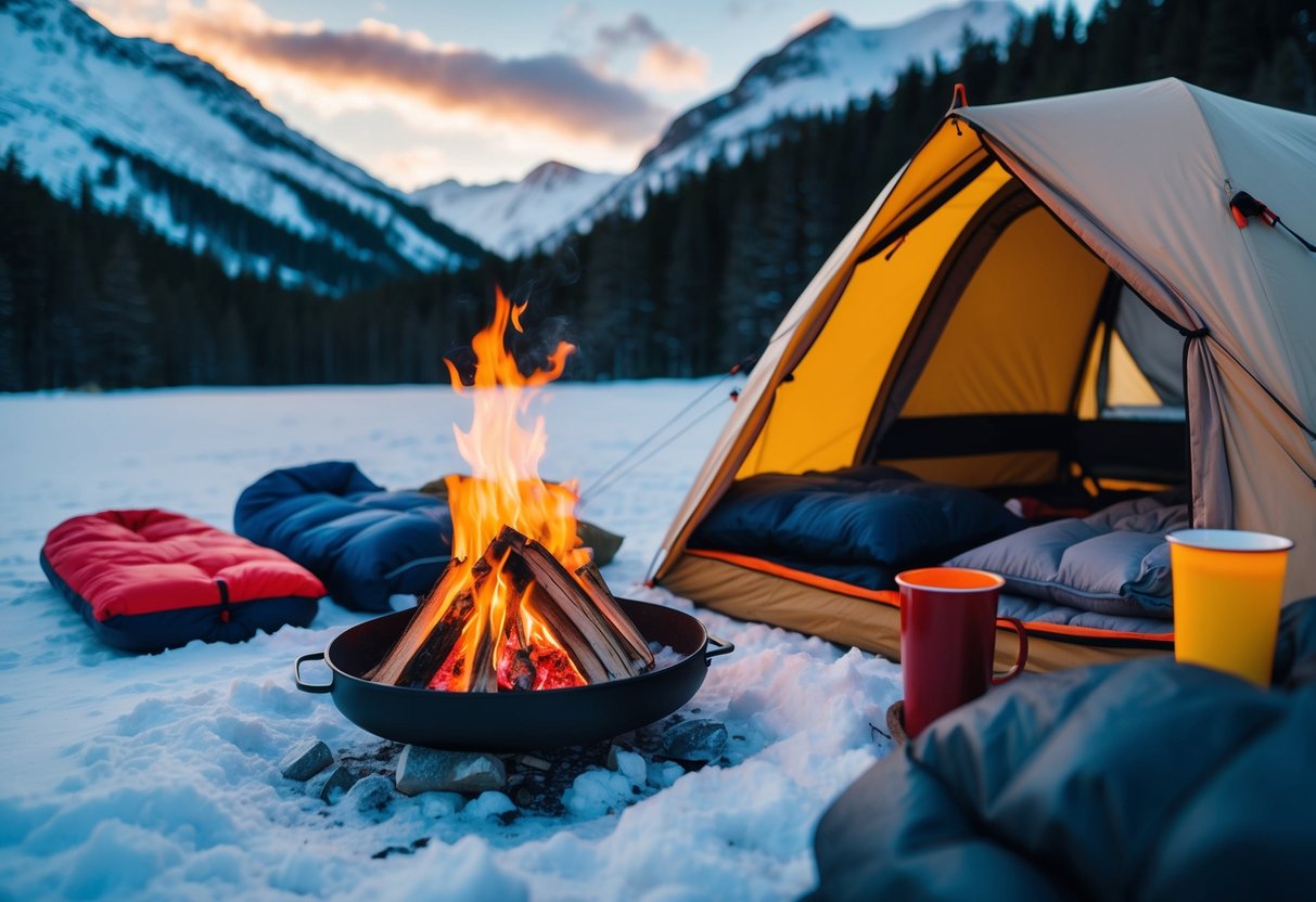 A cozy winter campsite with a crackling fire, a well-insulated tent, warm sleeping bags, hot drinks, and insulated clothing