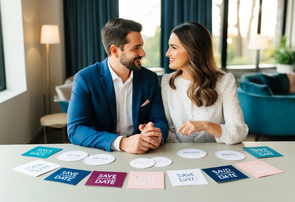 A couple sitting at a table with various save the date samples, discussing and comparing different designs and styles