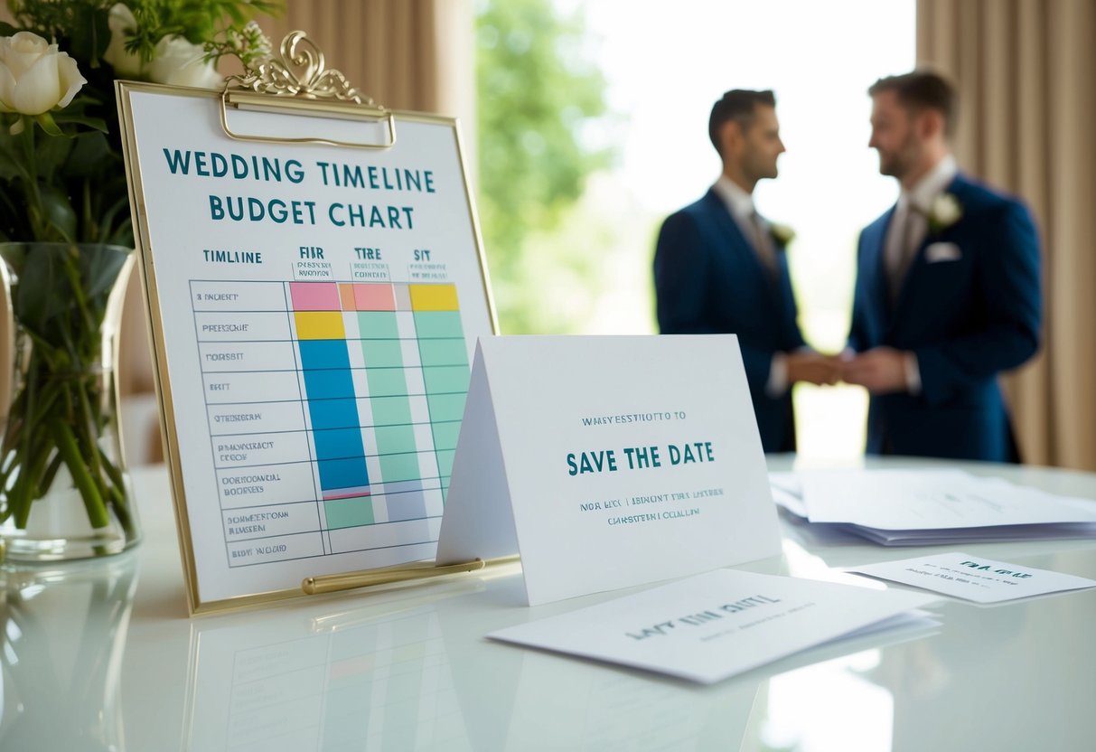 A wedding timeline and budget chart with save the date cards being sent out to guests