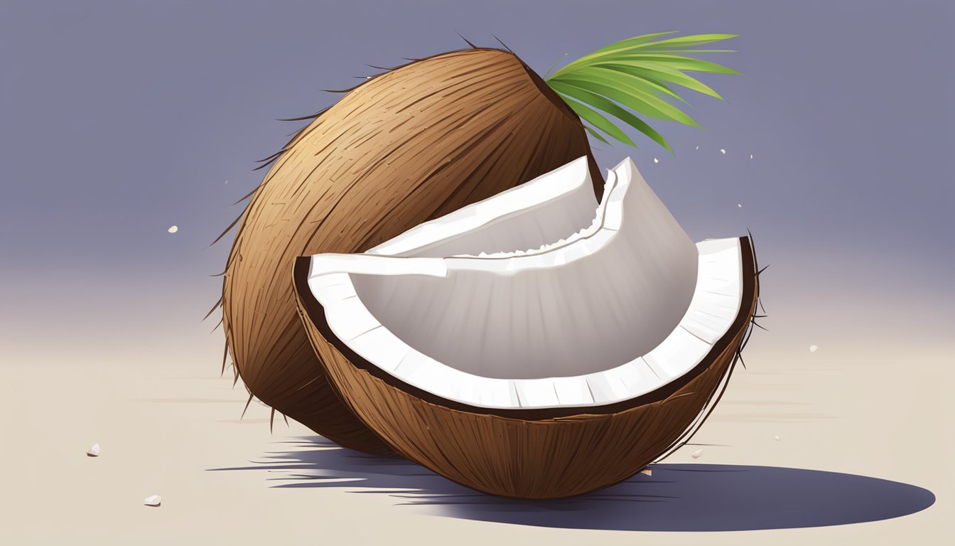 A coconut shell with its fibrous husk and hard exterior, surrounded by pieces of fresh coconut meat and a small pile of coconut shavings