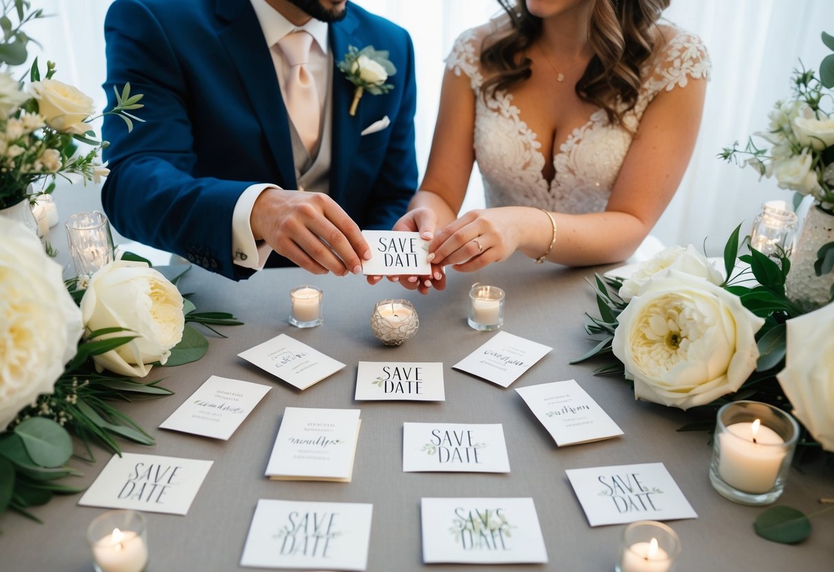A couple sits at a table surrounded by wedding decor, carefully selecting and arranging save the date cards that match their overall wedding theme